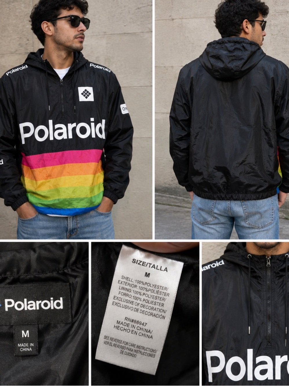 Polaroid Black Jacket with Rainbow Stripe Panel